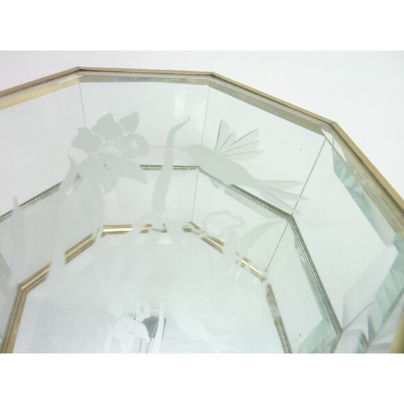 Vintage Etched Glass Brass Trinket Jewelry Box Chest Footed Hummingbirds - Picture 4 of 7
